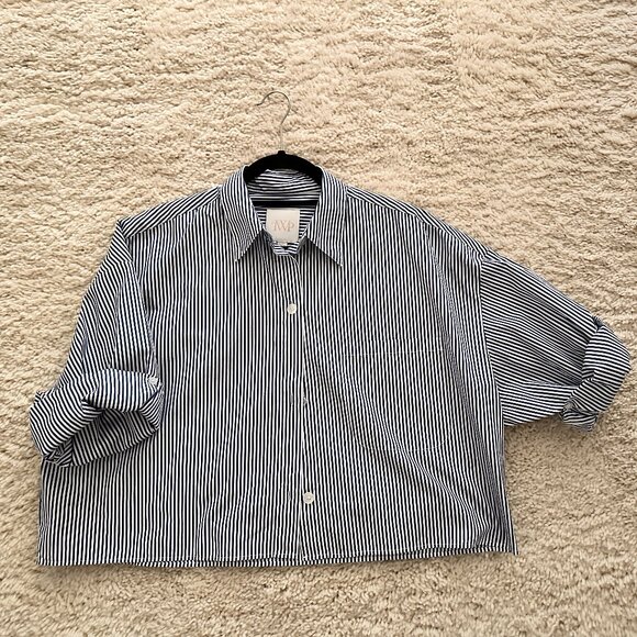 TWP NEXT EX COTTON CROPPED BUTTON FRONT NAVY STRIPE M/L - Picture 1 of 3